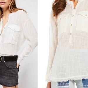 Free People Talk to Me Lightweight Gauzy Button Down in Ivory | XS